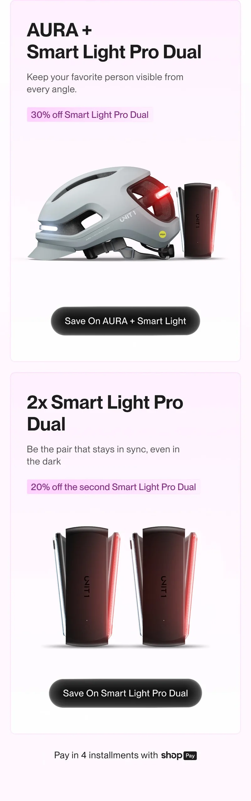 Valentine’s lighting bundles: AURA + Smart Light Pro Dual (30% off Smart Light Pro Dual) and 2x Smart Light Pro Dual (20% off the second), plus ‘Pay in 4 installments with Shop Pay’.
