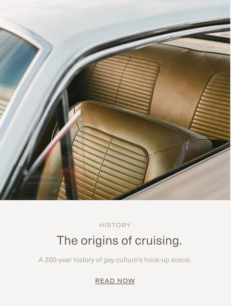 HISTORY | The origins of cruising. | A 200-year history of gay culture's hook-up scene. | Read Now