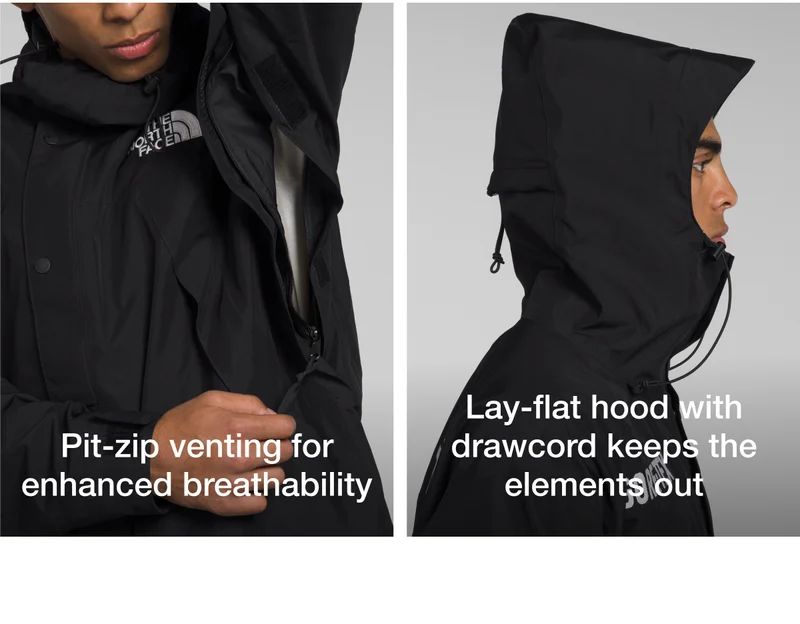 Pit-zip venting for enhanced breathability. Lay-flat hood with drawcord keeps the elements out.