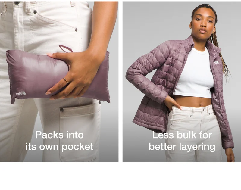 Packs into its own pocket. Less bulk for better layering.