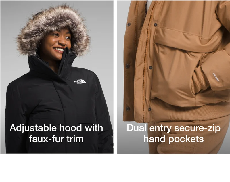 Adjustable hood with faux-fur trim. Dual entry secure-zip hand pockets.