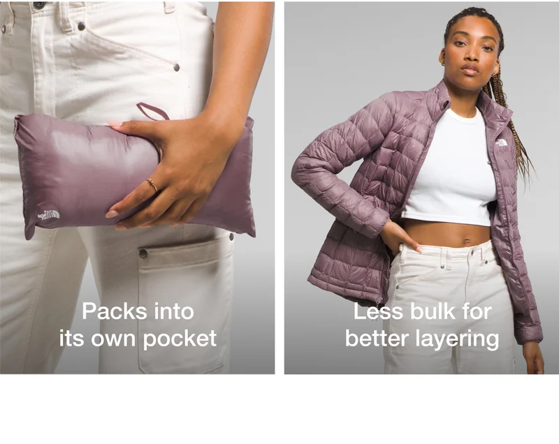 Packs into its own pocket. Less bulk for better layering.