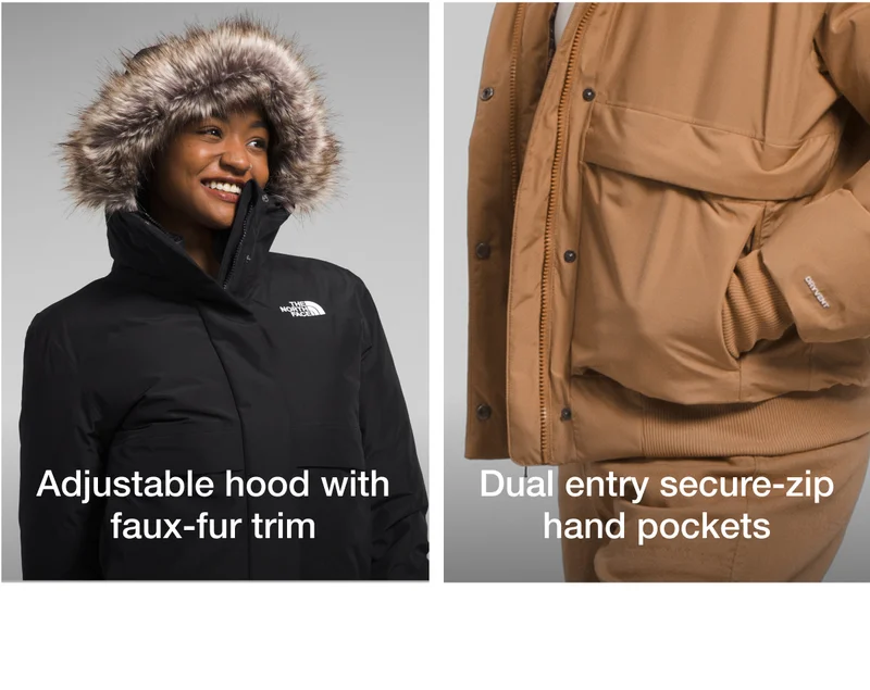 Adjustable hood with faux-fur trim. Dual entry secure-zip hand pockets.