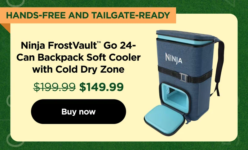 Hands-free and tailgate-ready. Ninja FrostVault™ Go 24-Can Backpack Soft Cooler with Cold Dry Zone