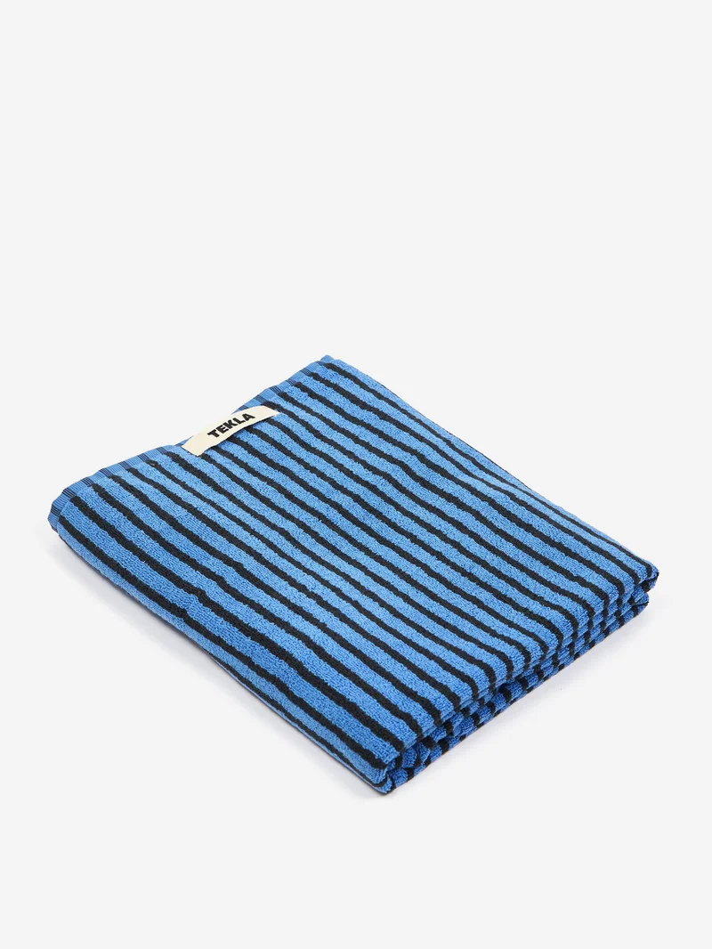 Image of TEKLA Striped Bath Towel - Blue & Black Stripes