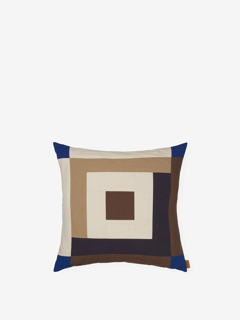 Image of ferm LIVING Border Patchwork Cushion - Carob Brown/Bright Blue