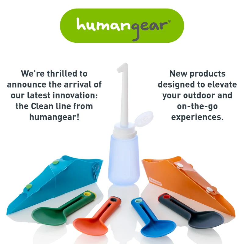 Text that reads, "W're thrilled to announce the arrival of out latest innovation: the Clean line from humangear! New prodcuts designed to elevate your outdoor and on-the-go experiences." Next to the wording are samples of the new prodcuts.