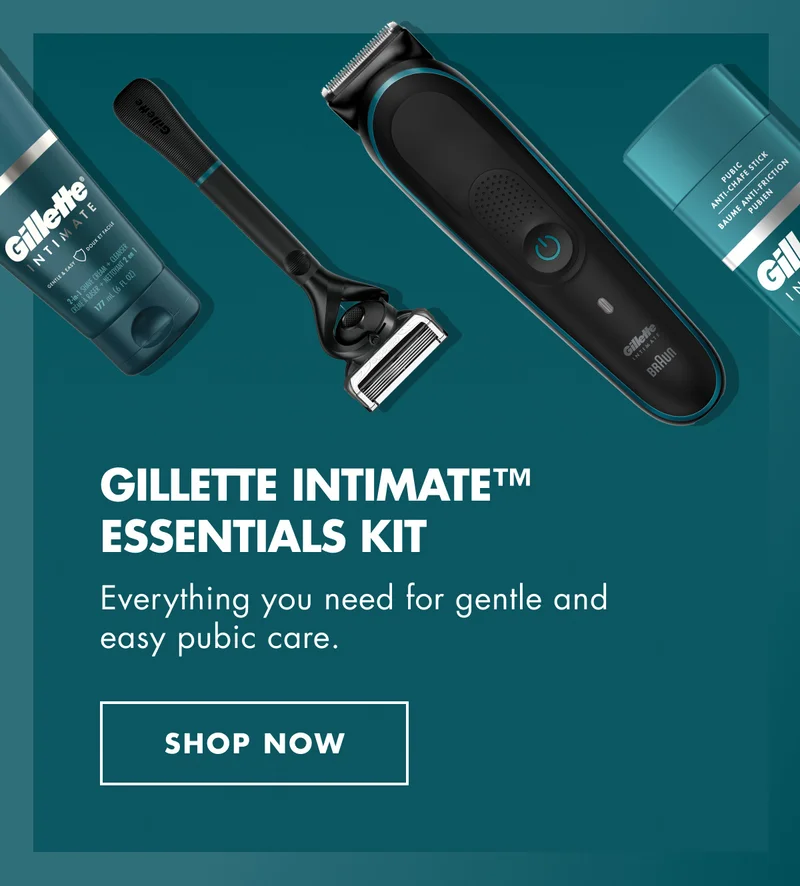 Gillette INTIMATE™ Essentials Kit. Everything you need for gentle and easy pubic care.  SHOP NOW.