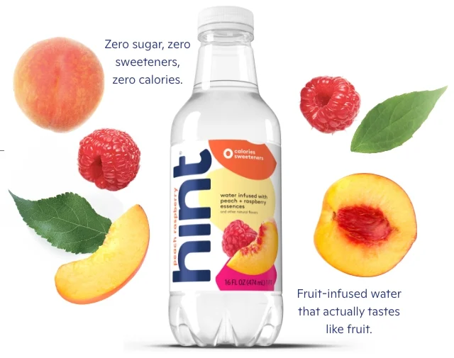 Peach Raspberry bottle labeled with zero sugar, zero sweeteners, and zero calories.