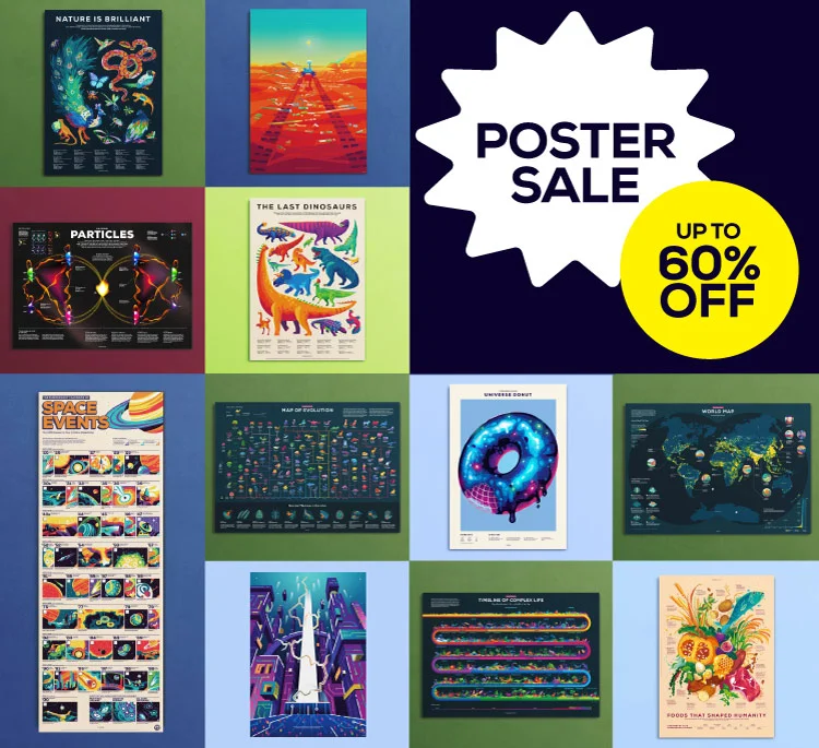 Collection of kurzgesagt posters with the text "Poster Sale - Up to 60% Off"