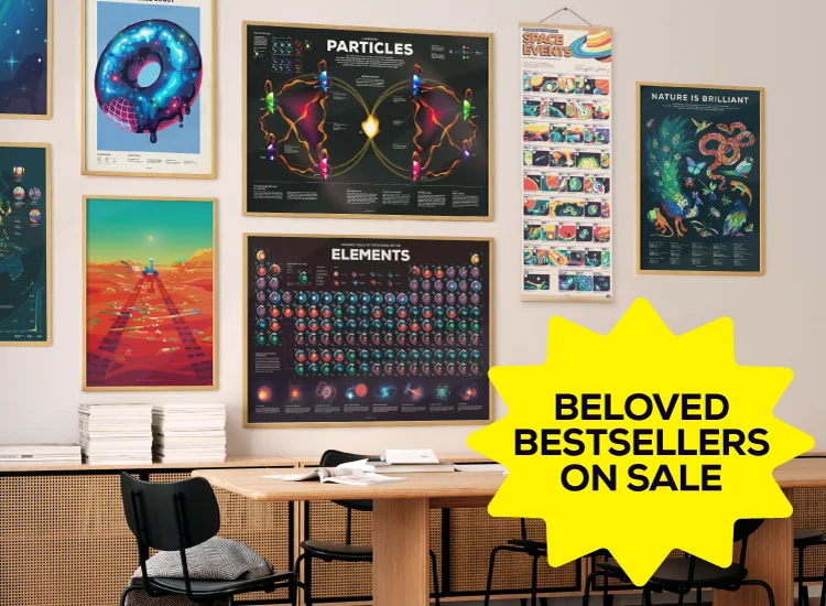 Poster wall with the text "Beloved Bestsellers on Sale"