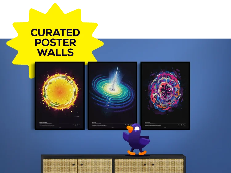 Duck alongside the Essential Space collection and text "Curated Poster Walls"
