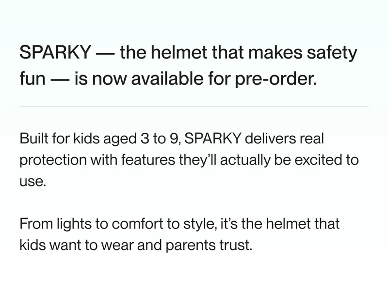 Announcement that SPARKY is now available for pre-order, highlighting features designed for kids aged 3 to 10 that make safety fun and exciting.