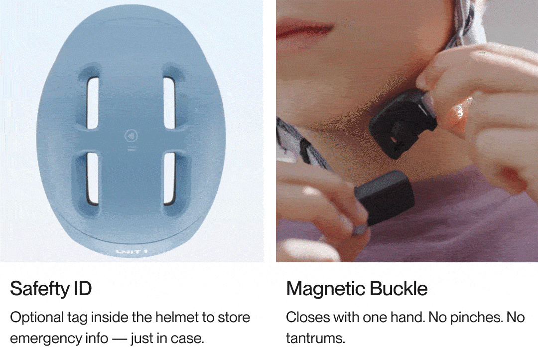 Top view of the Sparky helmet revealing the integrated Safety ID tag, followed by a close-up of a child fastening the magnetic buckle with ease.