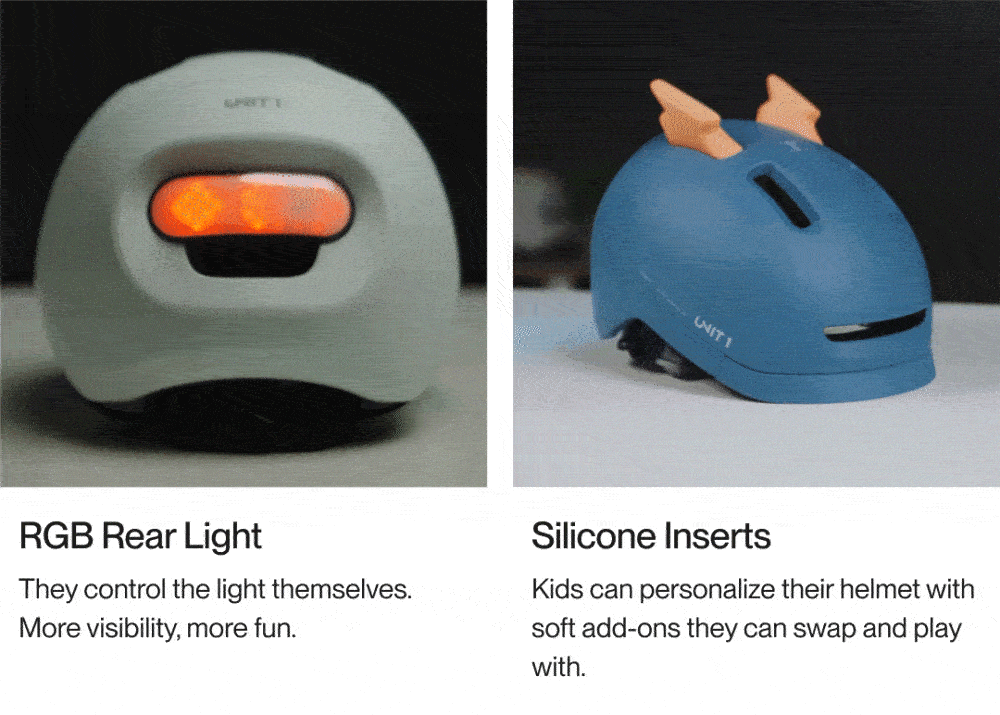 UNIT 1 Sparky helmet showcasing rear RGB light control and customizable silicone inserts that kids can swap for fun personalization.