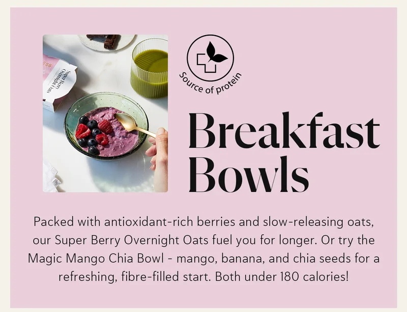 Breakfast Bowls: Packed with antioxidant-rich berries and slow-releasing oats, our Super Berry Overnight Oats fuel you for longer. Or try the Magic Mango Chia Bowl – mango, banana, and chia seeds for a refreshing, fibre-filled start. Both under 180 calories!