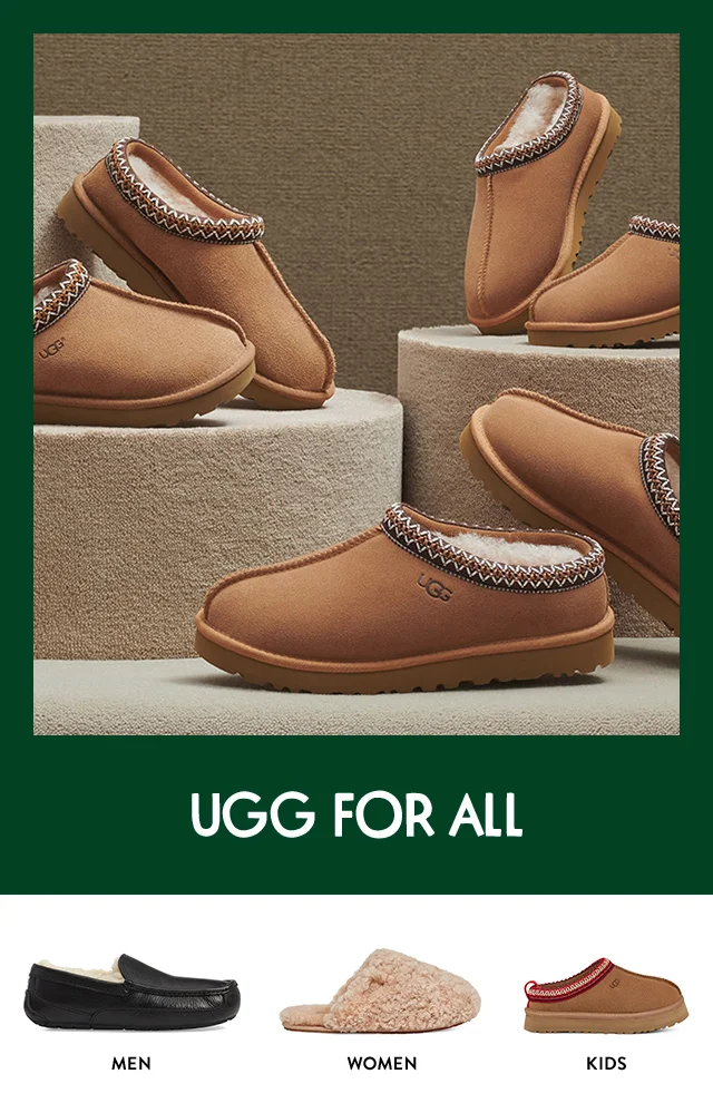 UGG shearling-lined men's slipper, women's shearling scuff, kids' shearling-lined slipper.