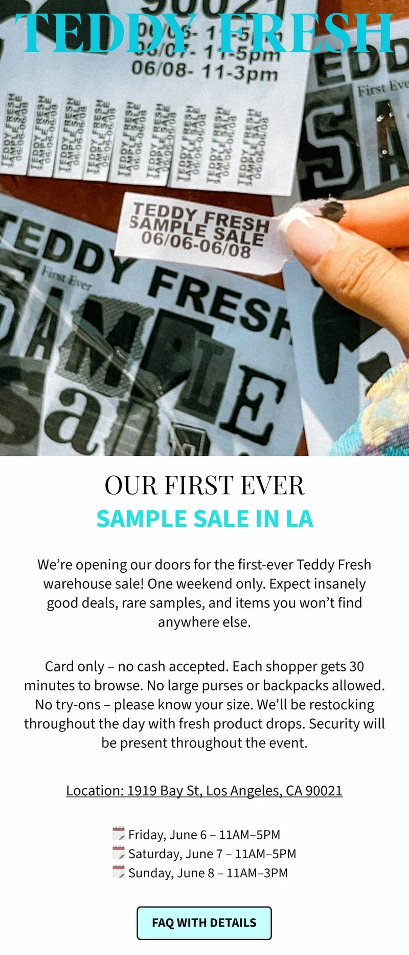 sample sale flyer on the wall