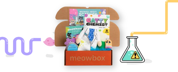 Image of the Meowed About Science meowbox (featuring toys like the Catty Chemist 2 pack, Meowlecular Magic 3 pack, 100% woof Chemeowcal Reactions Catnip toys and more)