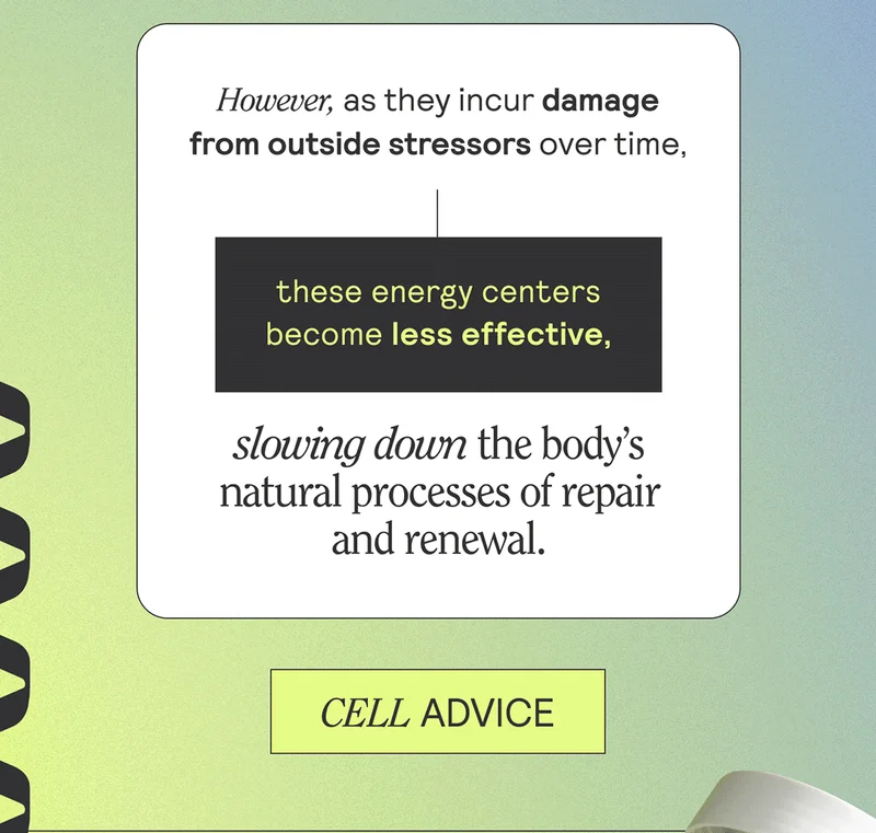 However, as they incur damage from outside stressors over time, these energy centers become less effective, slowing down the body's natural process of repair and renewal. CELL ADVICE
