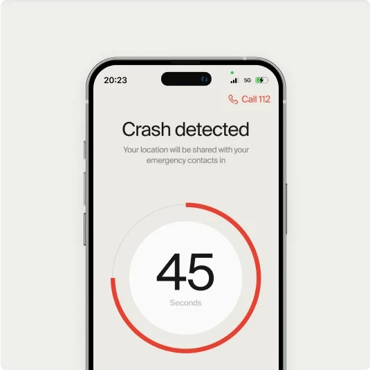 Cowboy app interface showing a “Crash detected” notification with a countdown timer and the option to call emergency services.