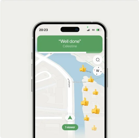 Screenshot of the Cowboy app displaying a map with the message “Well done” and several thumbs-up icons marking the route.