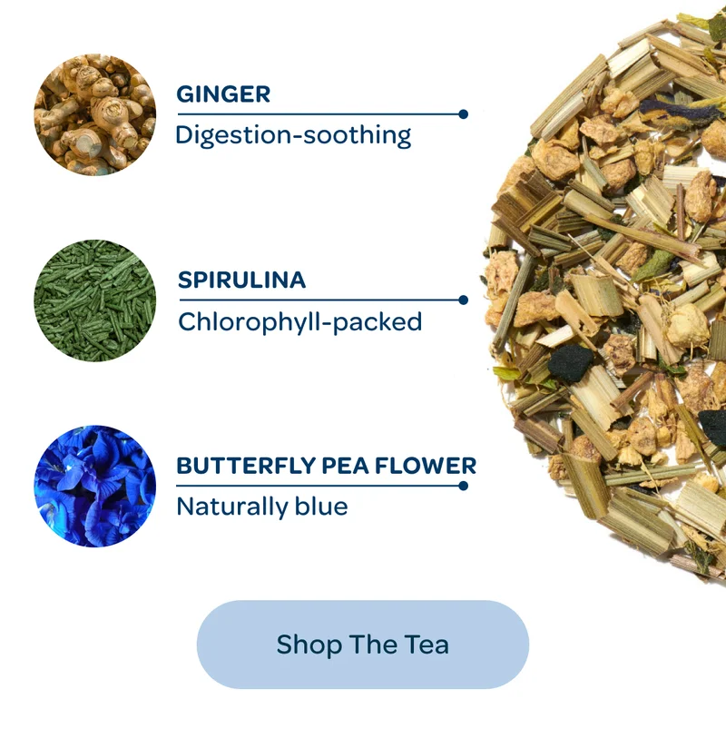 Digestion-soothing ginger, Chlorophyll-packed spirulina, Naturally blue butterfly pea flower - Shop The Tea
