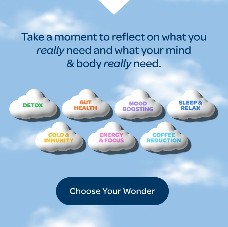 Take a moment to reflect on what you really need and what your mind & body really need. - Detox, Gut Health, Cold & Immunity, Sleep & Relax, Coffee Reduction, Energy & Focus, Mood Boosting - Choose Your Wonder