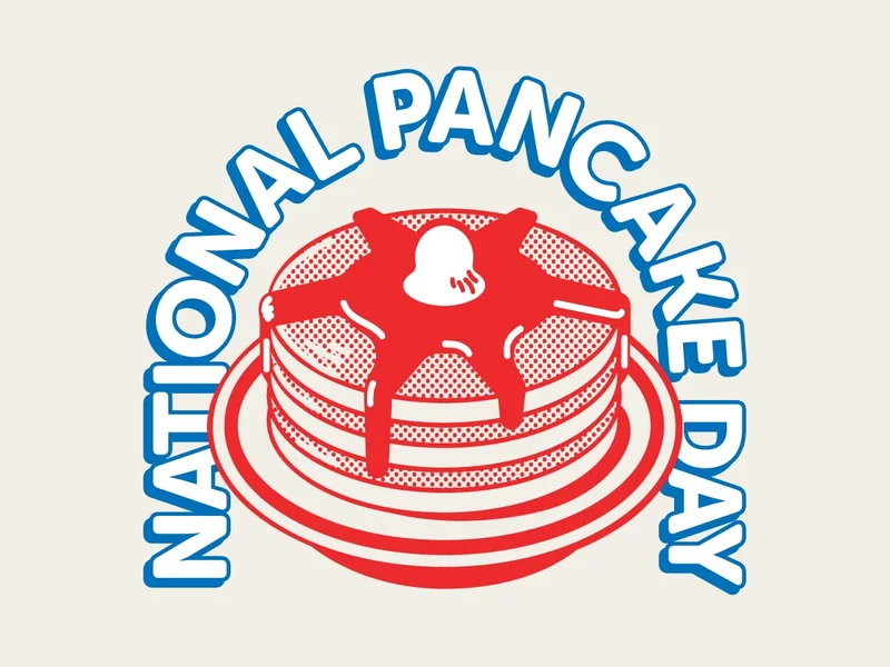 The text NATIONAL PANCAKE DAY arcs over an illustration of a short stack of pancakes topped with butter and syrup on a plate.