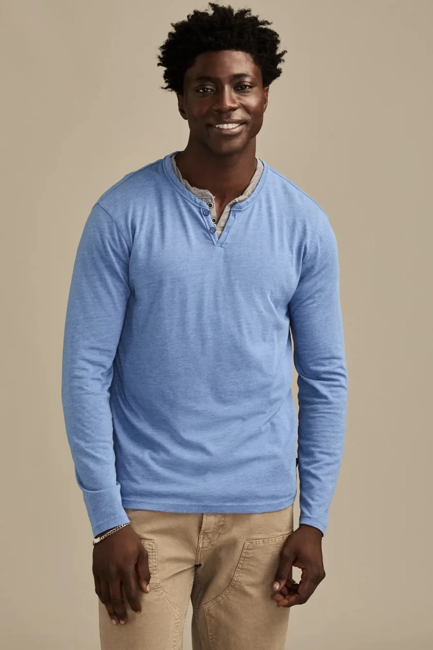Image of Lucky Brand Venice Burnout Notch Neck Long Sleeve - Men's Clothing Tops Tees Shirts in Reflecting Pond
