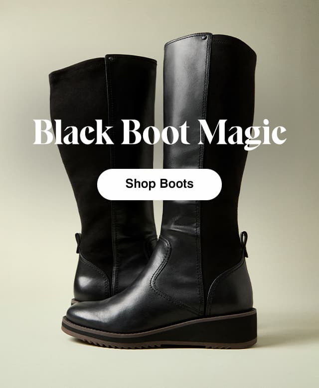 A pair of the knee-high Madi Boots in Black leather. The email says Black Boot Magic. Shop Boots