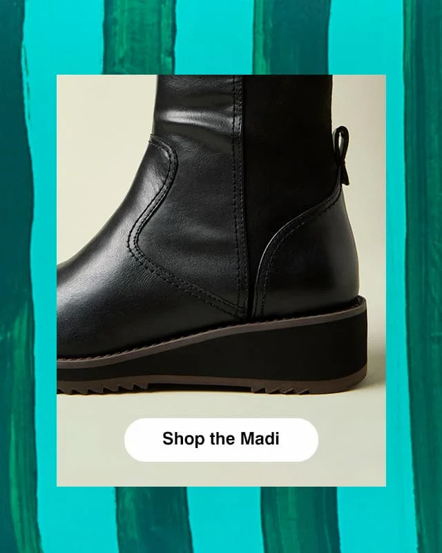A painterly blue-and-green vertical stripe background. At the center is a closeup of the Madi Boot's leather and stretch contrast and wedge heel. Shop the Madi