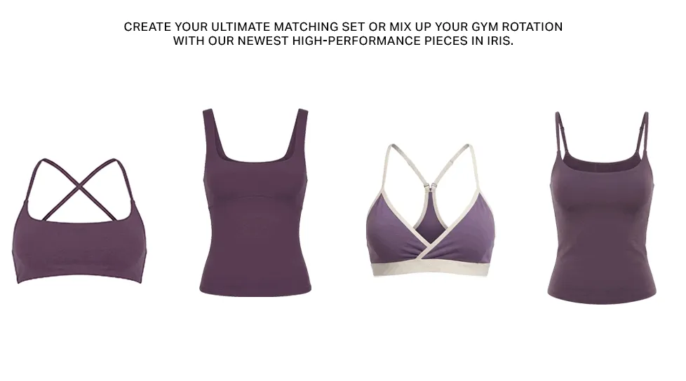 Four purple athletic tops: sports bras and tanks. Our newest high-performance Iris gym wear for matching sets or gym rotation.