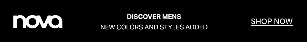 Nova logo on a black banner with white text. "Discover Mens" featuring new colors and styles. Shop now for the latest men's collection.
