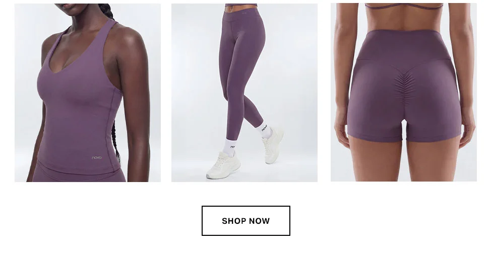 Mauve activewear collection: V-neck sports bra, full-length leggings, and scrunch-butt shorts, ideal for versatile fitness wear.