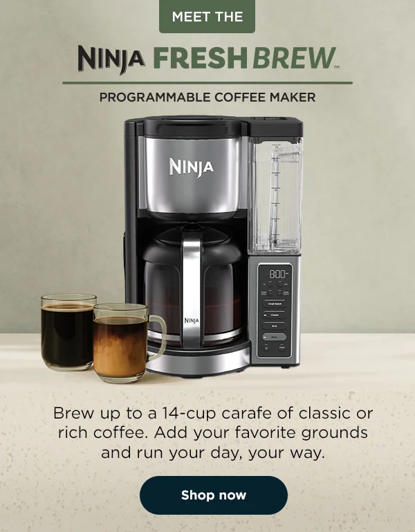 Ninja Fresh Brew™ 14-Cup Programmable Coffee Maker-- Brew up to a 14-cup carafe of classic or rich coffee. Add your favorite grounds and run your day, your way.