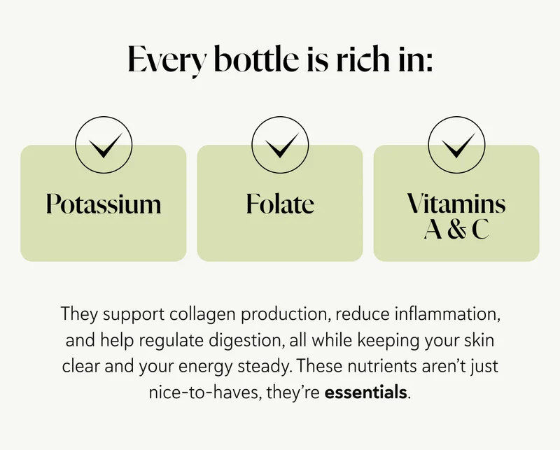 Every bottle is rich in potassium, folate and vitamins A & C. They support collagen production, reduce inflammation, and help regulate digestion, all while keeping your skin clear and your energy steady. These nutrients aren’t just nice-to-haves, they’re essentials.