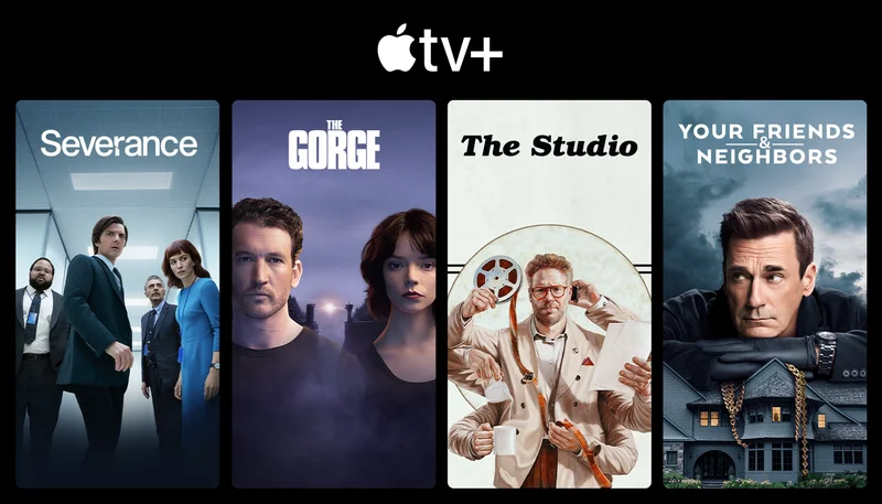Apple TV+ logo with promotional posters for Severance | The Gorge | The Studio | and Your Friends & Neighbors.