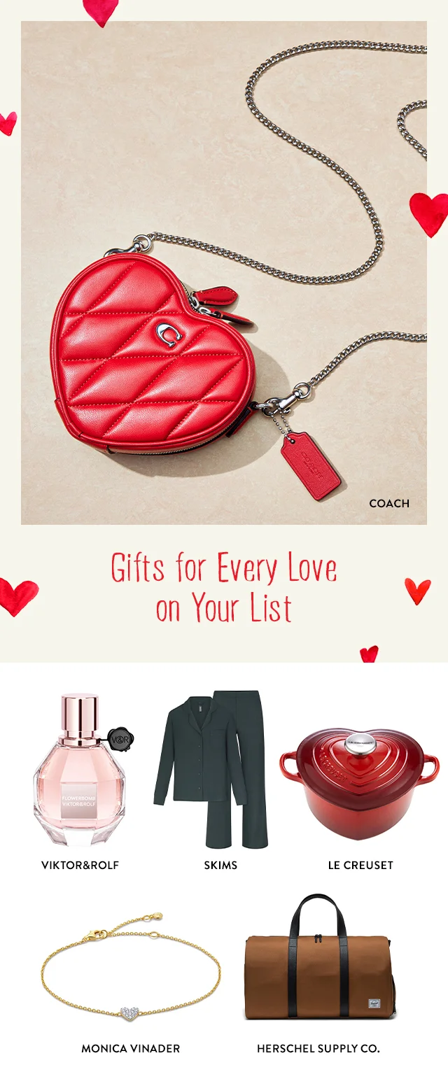 Heart-shaped quilted Coach purse. Viktor & Rolf fragrance, Skims pajama set, Le Creuset heart-shaped baking dish, Monica Vinader bracelet, Herschel Supply Co. duffle bag.