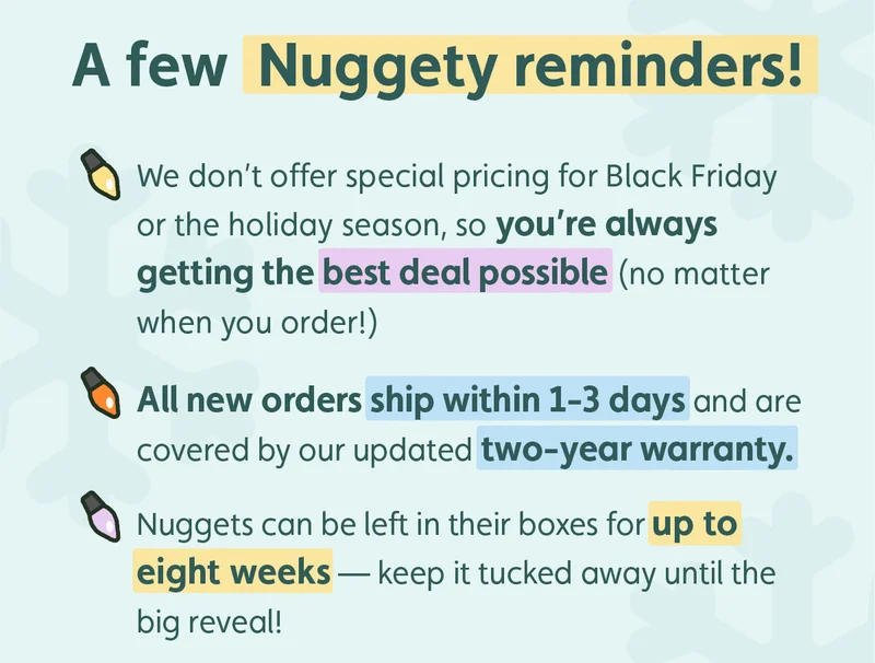 A few Nuggety reminders! We don’t offer special pricing for Black Friday or the holiday season, so you’re always getting the best deal possible (no matter when you order!). All new orders ship within 1-3 days and are covered by our updated two-year warranty. Nuggets can be left in their boxes for up to eight weeks — keep it tucked away until the big reveal!