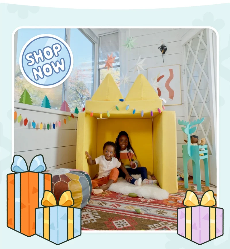 Two children play in a playhouse made from their Lemonade Nugget