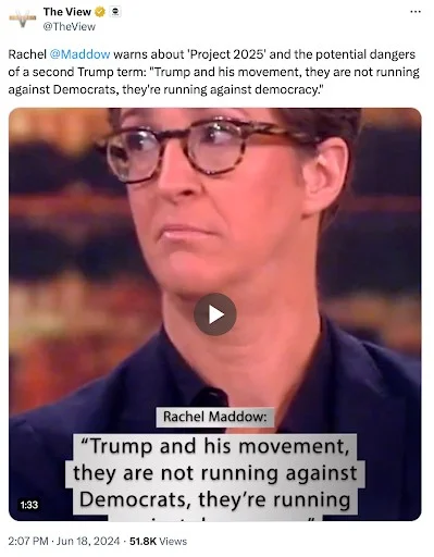 Tweet from The View: Rachel Maddow warns about Project 2025