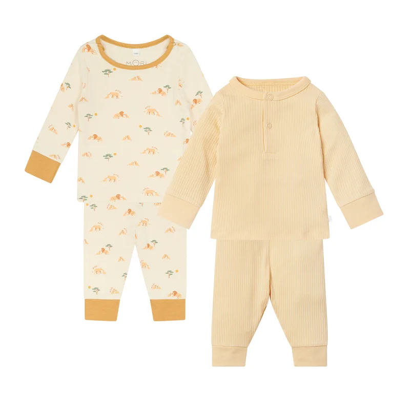 Image of Lion & Yellow Ribbed Pajama Set 2 Pack
