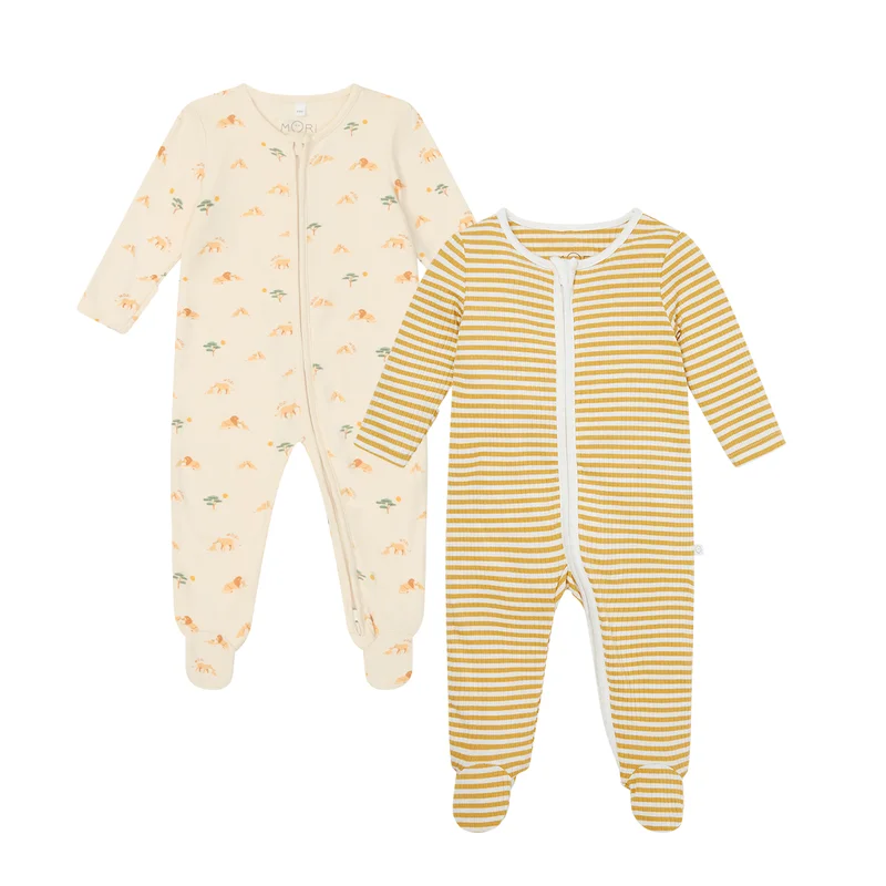 Image of Lion & Striped Ribbed Clever Zip Baby Pajamas 2 Pack