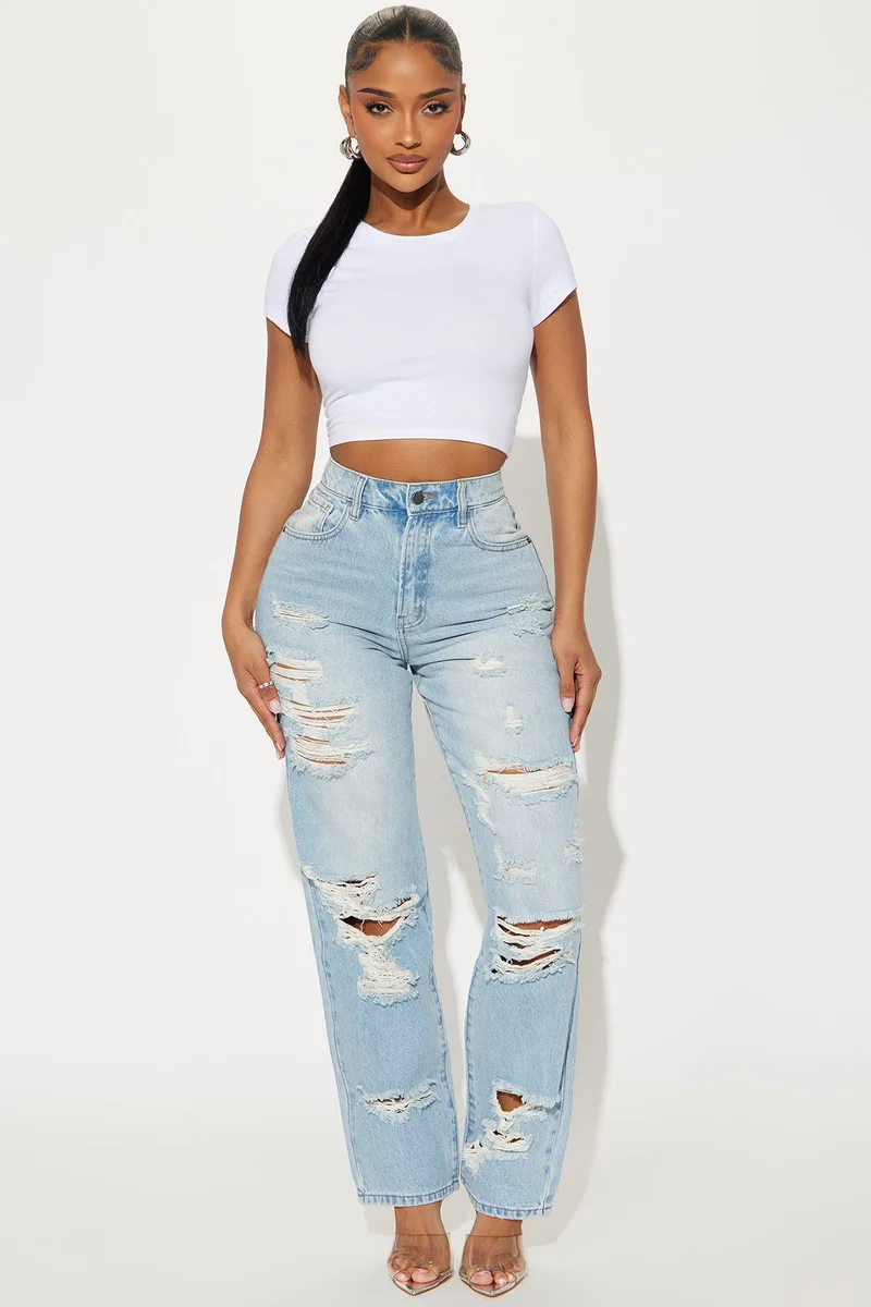 Image of I'm All In Ripped Straight Leg Jeans - Light Wash