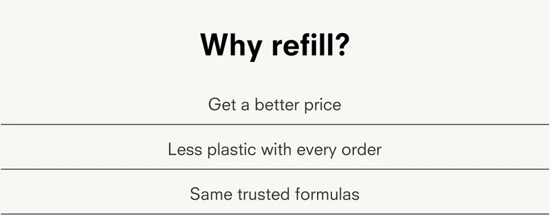 Why refill? Get a better price Less plastic with every order Same trusted formulas