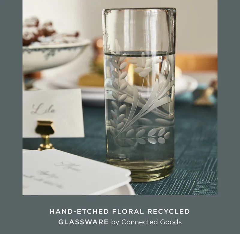 Hand-etched Floral Recycled Glassware