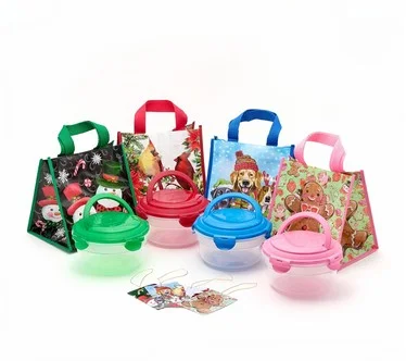 LocknLock Set of 4 Bowls w/ Handle Lids & Holiday Bags