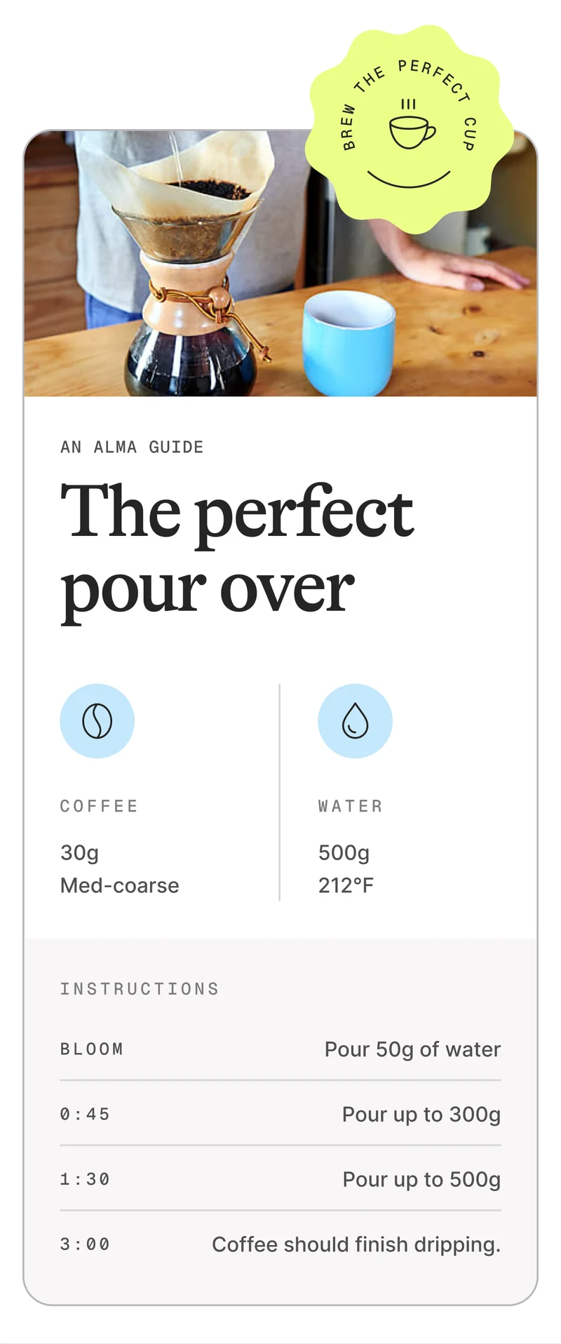 An ALMA guide: The perfect pour over. Coffee: 30g Med-coarse. Water: 500g 212F. Instructions - Bloom: Pour 50g of water. 0:45 Pour up to 300g. 1:30 Pour up to 500g. 3:00 Coffee should finish dripping.