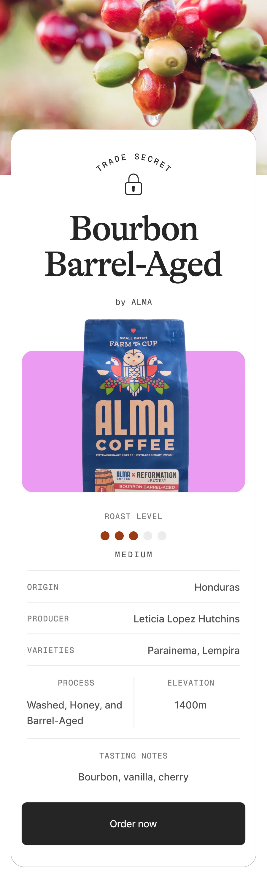Trade Secret Bourbon Barrel-Aged by ALMA. Order Now.